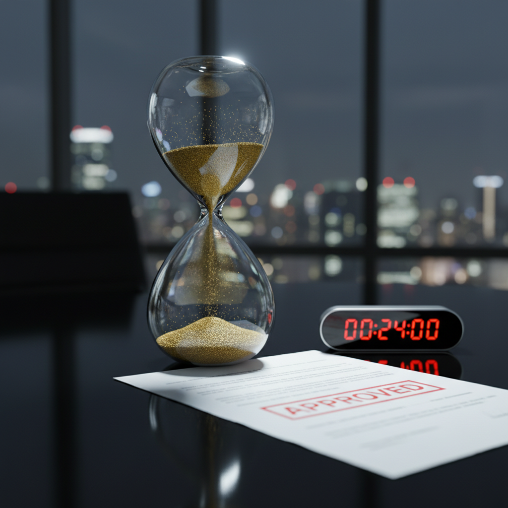 A close-up of a thick, transparent glass hourglass filled with fine gold particles, midway through its flow, placed on a glossy black desk surface. Reflections of city lights shimmer faintly in the desk, suggesting a high-rise finance office. Next to the hourglass lies a stamped “Approved” loan document and a sleek, illuminated digital countdown timer reading “00:24:00” to evoke same-day funding. A focused beam of cool white studio light from above creates crisp highlights on the glass curves and sharp shadows beneath, emphasizing urgency and precision. The photographic composition uses a low-angle perspective and rule-of-thirds framing, with a shallow depth of field so the hourglass dominates while the background cityscape remains tastefully blurred, projecting a bold, decisive atmosphere about fast loan approvals.