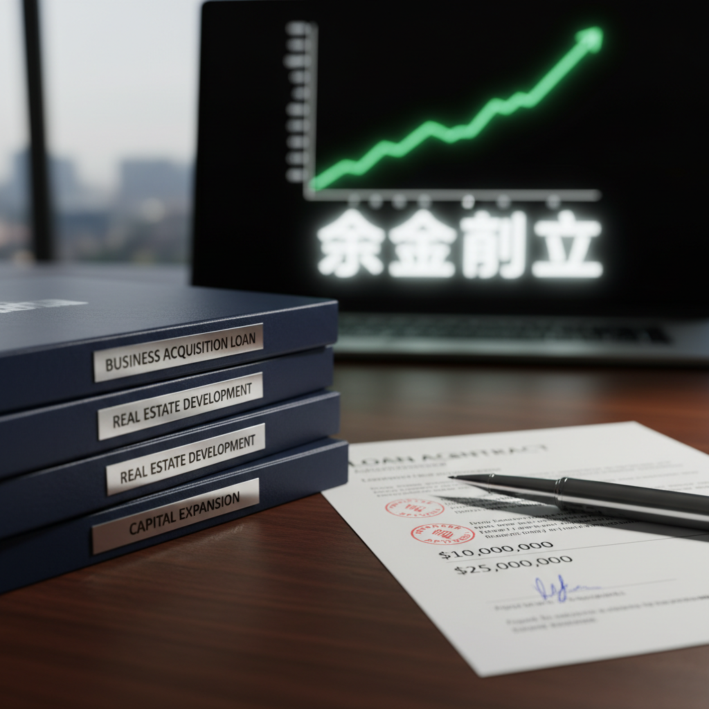 A stack of crisp, navy-blue loan agreement folders with metallic silver titles, arranged in a confident fan shape on a dark walnut office desk. Beside them sits a sleek, heavy-looking chrome pen resting on a signed contract with bold, stamped approval marks and prominent numeric amounts. In the background, a large digital display shows an upward-trending financial graph and the words “資金到位” in sharp, glowing characters. Dramatic side lighting from an unseen window casts strong, defined shadows and bright highlights on the metal and paper, creating a bold, high-contrast photographic realism. Shot at eye level with a shallow depth of field, the folders and signature are razor sharp while the graph glows in soft bokeh, conveying speed, reliability, and financial power.