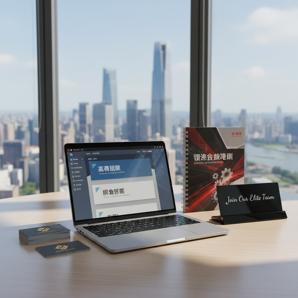 A meticulously arranged desktop featuring a high-end, ultra-thin laptop displaying a modern job recruitment dashboard in Traditional Chinese, with sections labeled for “高薪職缺” and “獎金制度”. Around it, neatly stacked business cards embossed with metallic gold logos, a polished black nameplate that reads “Join Our Elite Team”, and a spiral-bound training manual with dynamic red and black cover design. The setting is a minimalist, glass-walled office with a city skyline softly blurred beyond. Bright, clean daylight floods in from floor-to-ceiling windows, creating vivid reflections on the glass surfaces and subtle shadows along the desk edges. Captured in photographic realism from a slightly elevated angle with sharp focus throughout, the scene feels ambitious, modern, and bold, highlighting lucrative career opportunities in finance and lending.